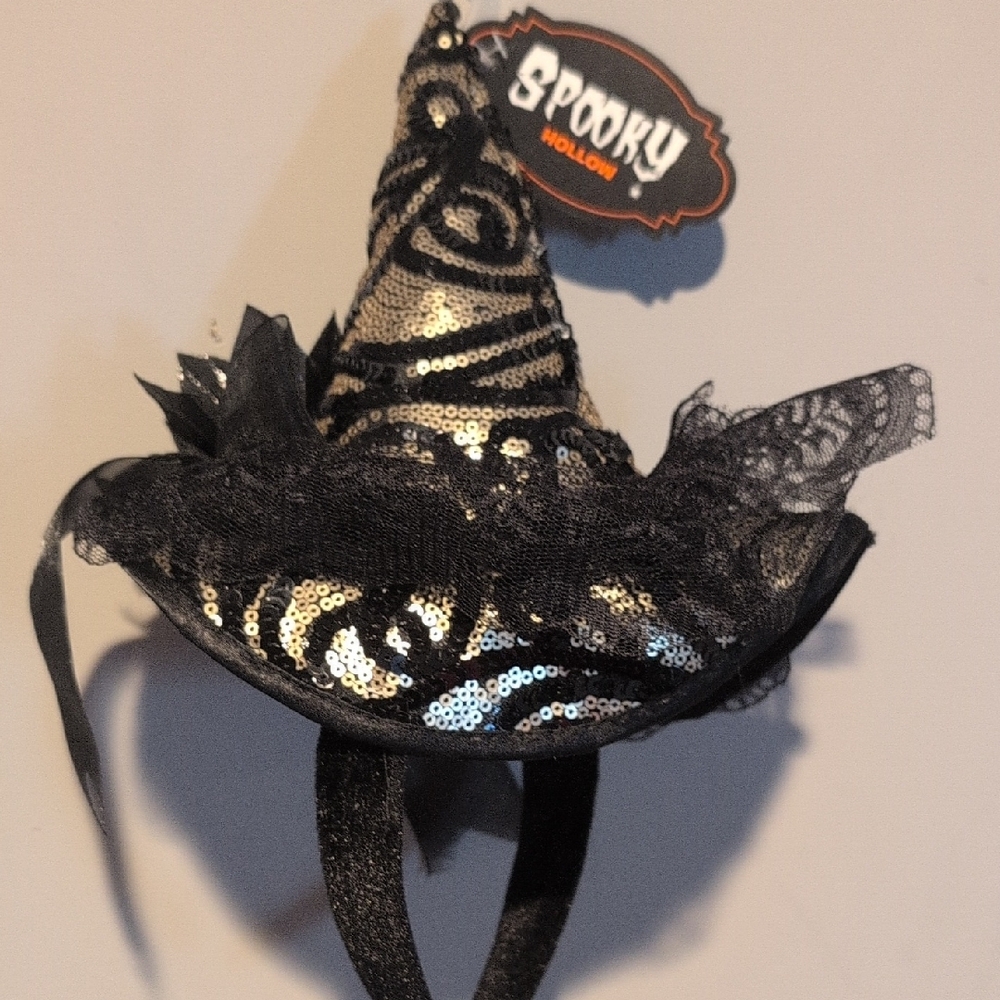 Black Sequin Witch Hat Headband - Women's Accessory - Picture 2 of 3